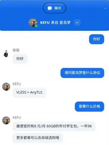 2026 年 7 月与星岛梦客服的对话截图，客服回答协议为 VLESS 加 AnyTLS，价格最低的一档是年付 96 元，每月给 60GB，截图不含账号信息
